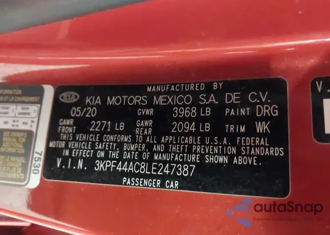 2020 Kia Forte Gt z USA, uszkodzony, nr VIN 3KPF44AC8LE247387